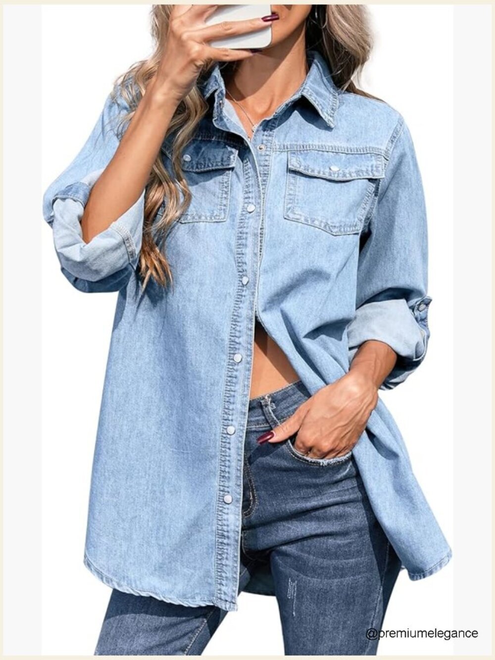 Womens Button Down Denim Shirt Long Sleeve Roll Up Boyfriend Jean Jacket Shacket